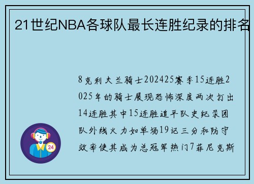 21世纪NBA各球队最长连胜纪录的排名