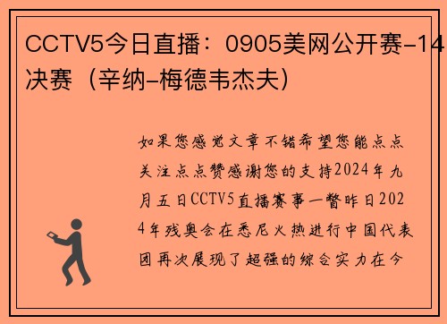 CCTV5今日直播：0905美网公开赛-14决赛（辛纳-梅德韦杰夫）