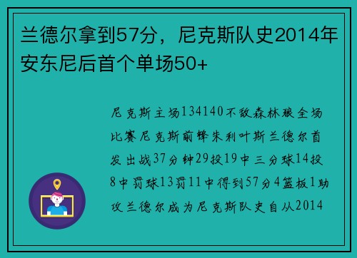兰德尔拿到57分，尼克斯队史2014年安东尼后首个单场50+