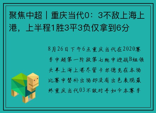 聚焦中超｜重庆当代0：3不敌上海上港，上半程1胜3平3负仅拿到6分