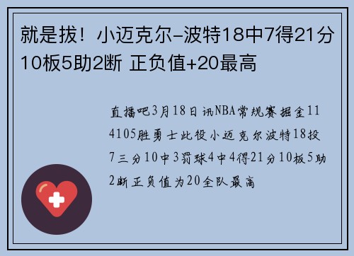 就是拔！小迈克尔-波特18中7得21分10板5助2断 正负值+20最高